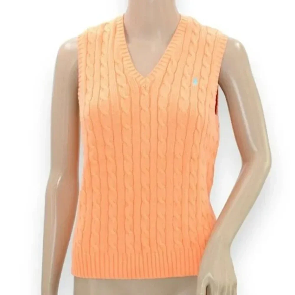Ralph Lauren Golf Vintage Peach Orange Coral Cable Knit V-Neck Sweater Vest S